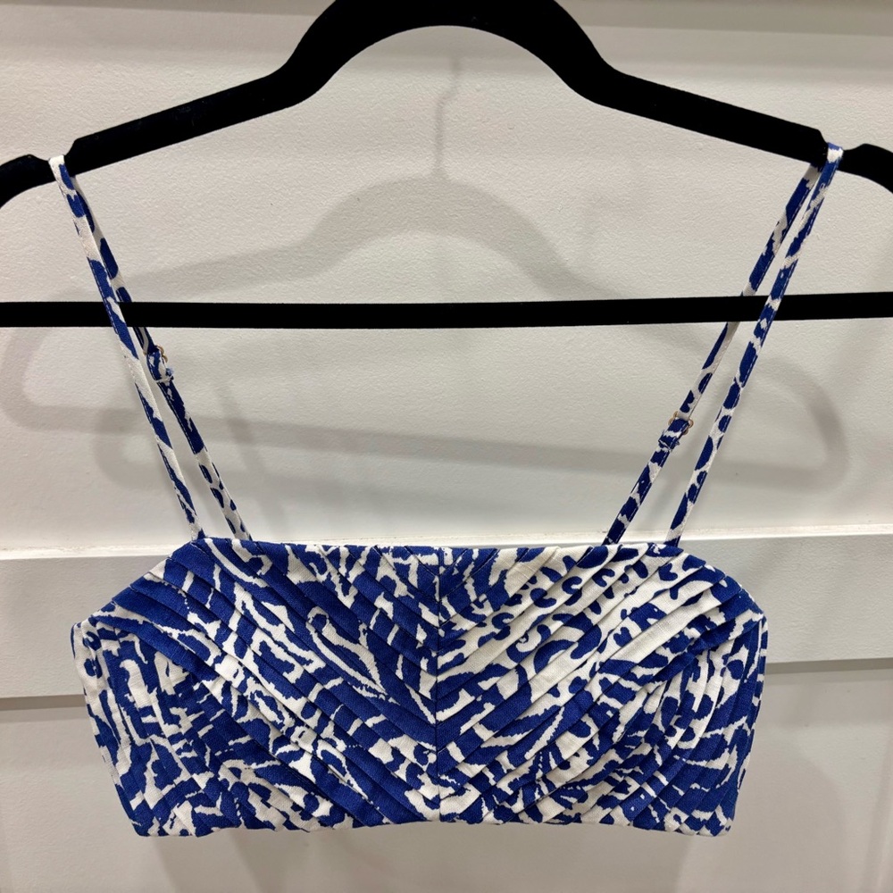 Shona Joy Oceane Twisted Blue and Off White Cropped Top / Bralette